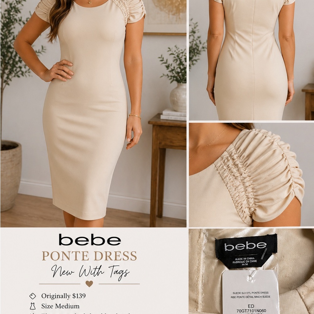 Bebe Dress Womens Size M Beige Ponte Ruched Shoulder Bodycon NWT $139